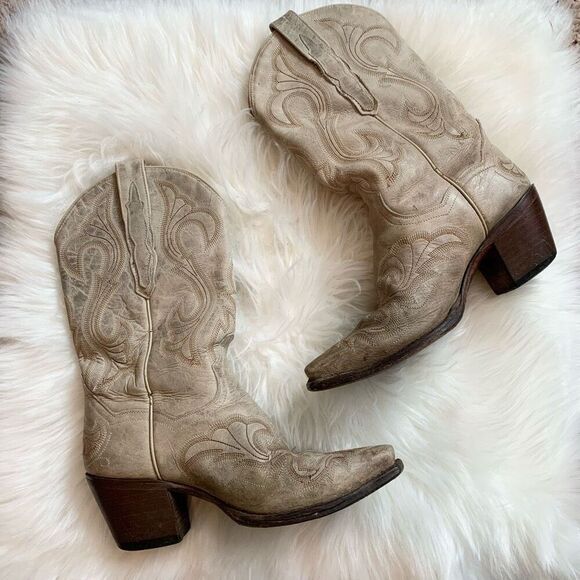 Vintage Dan Post Embroidered Cream Tan Boots Cowboy Wéstern Embroidered 6 - Picture 1 of 8